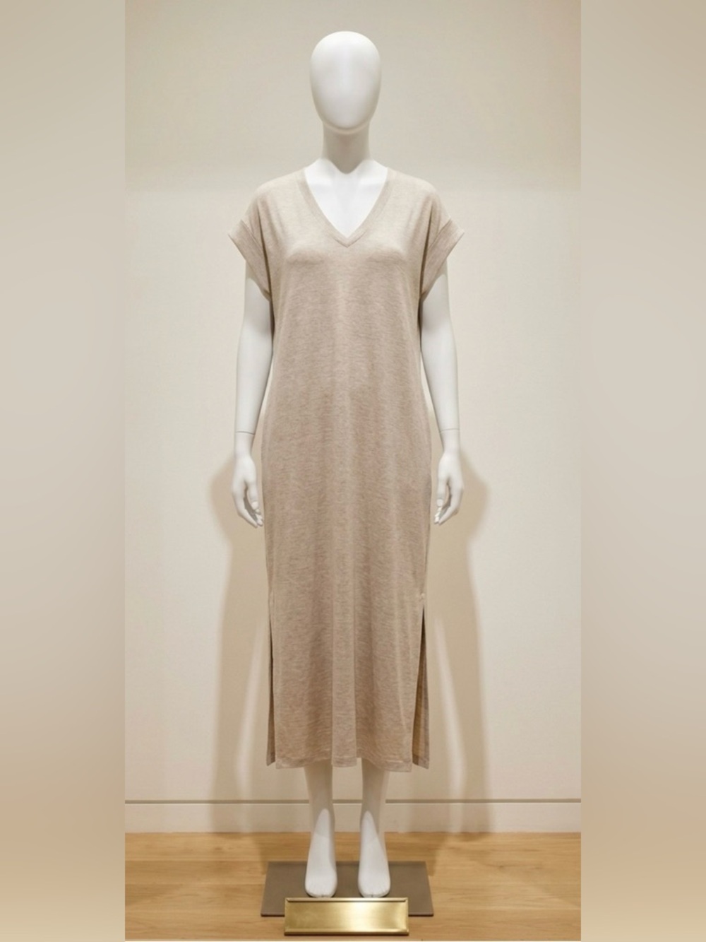 White House Black Market Heathered Biscotti w/ Gold V-Neck Midi Dress w/ Slit XL